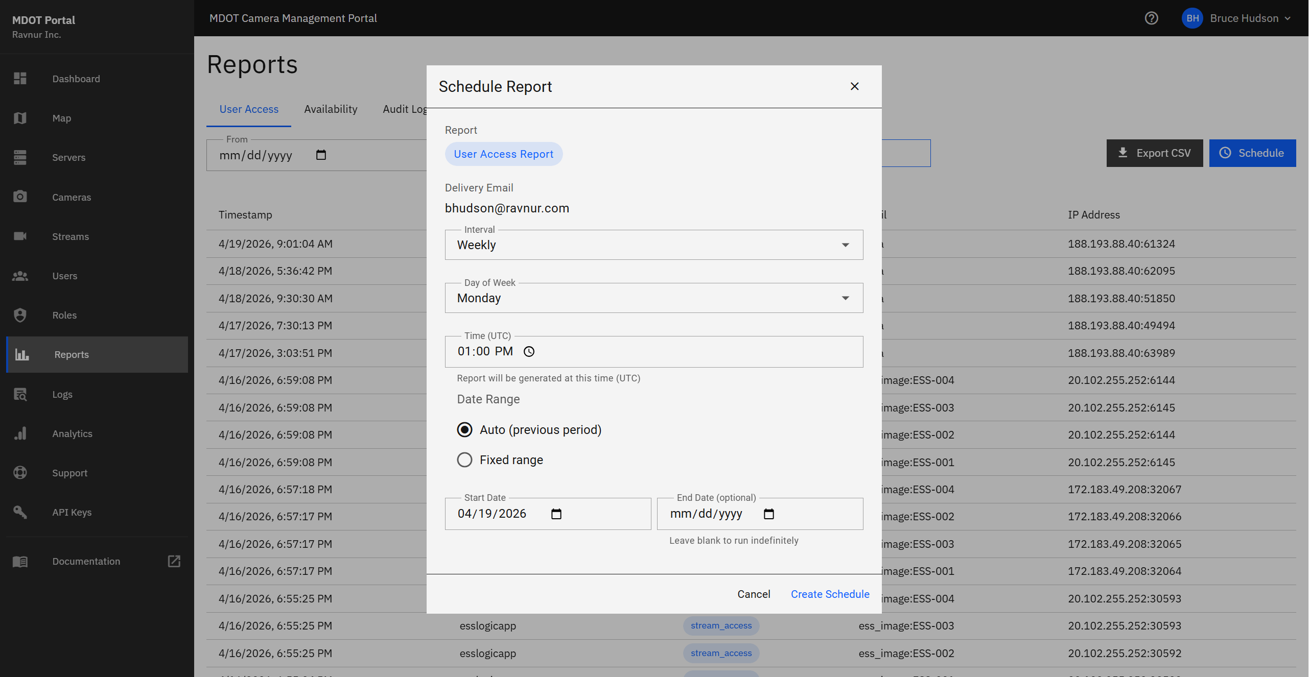 Schedule Report dialog showing options for interval, day of week, time, date range mode, and start/end dates.