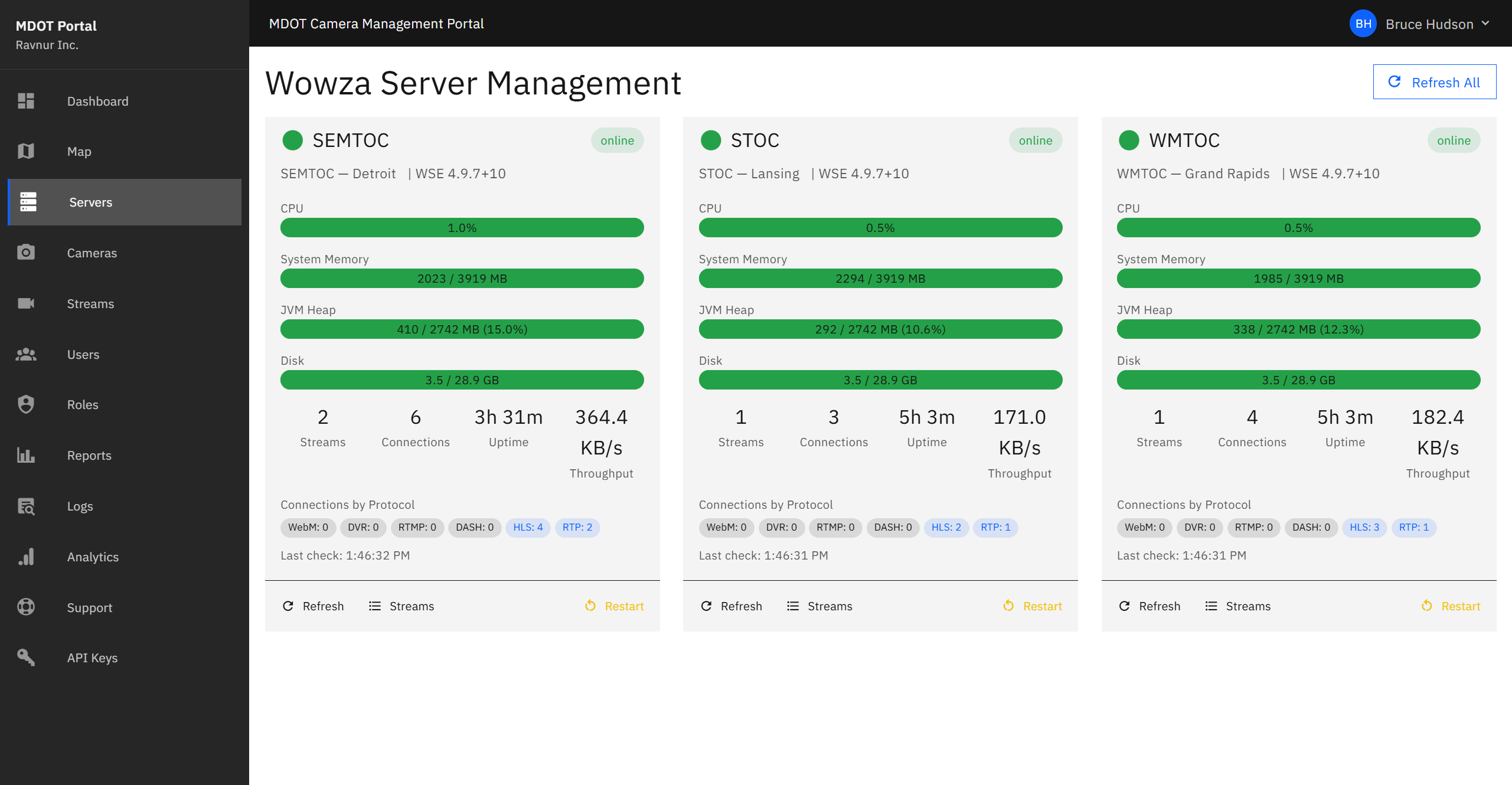 Server Management page showing three server cards, each with memory, disk, and connection metrics displayed as progress bars and counters.
