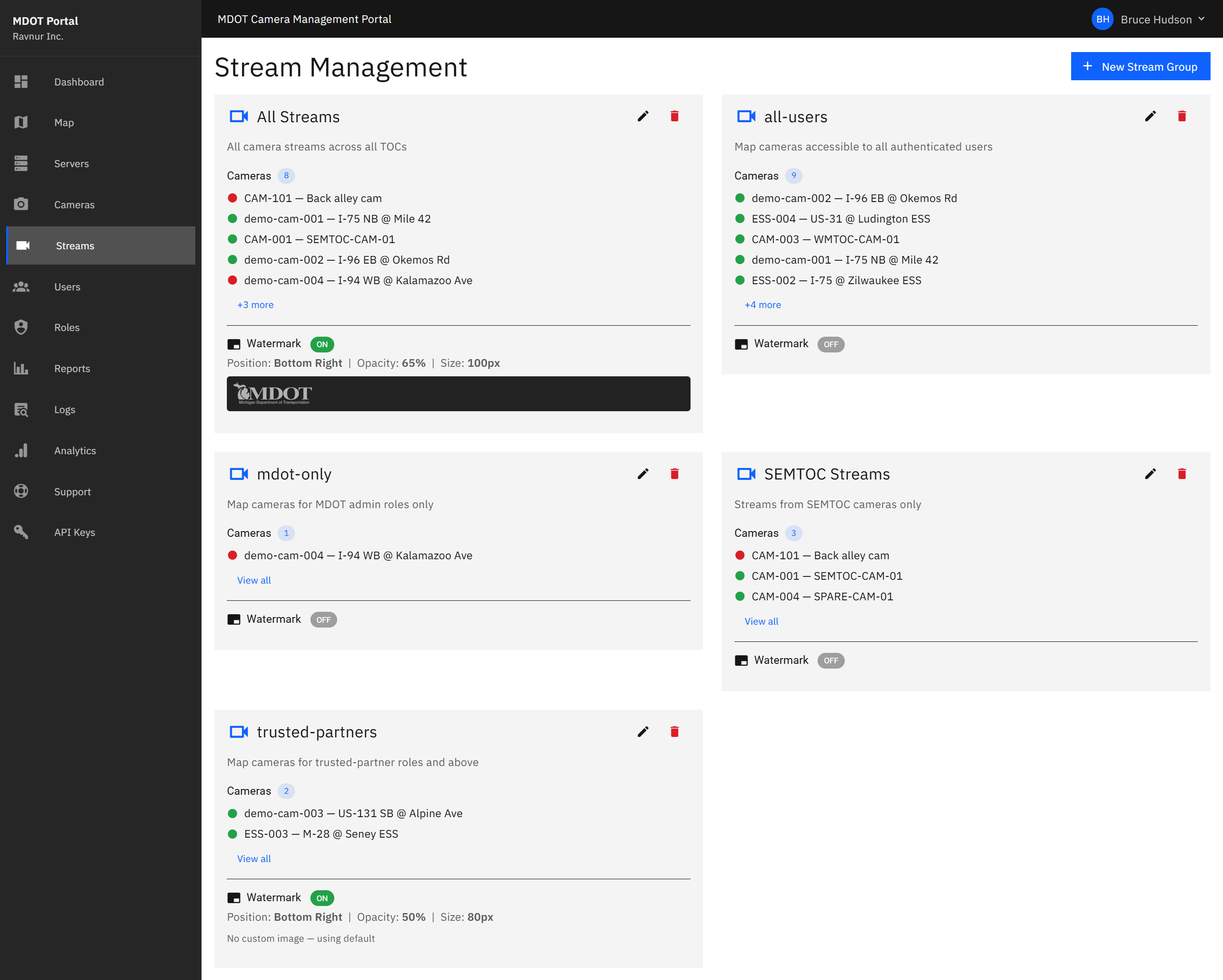 Stream Groups page showing cards for each group, with assigned camera previews, watermark settings, and edit buttons.